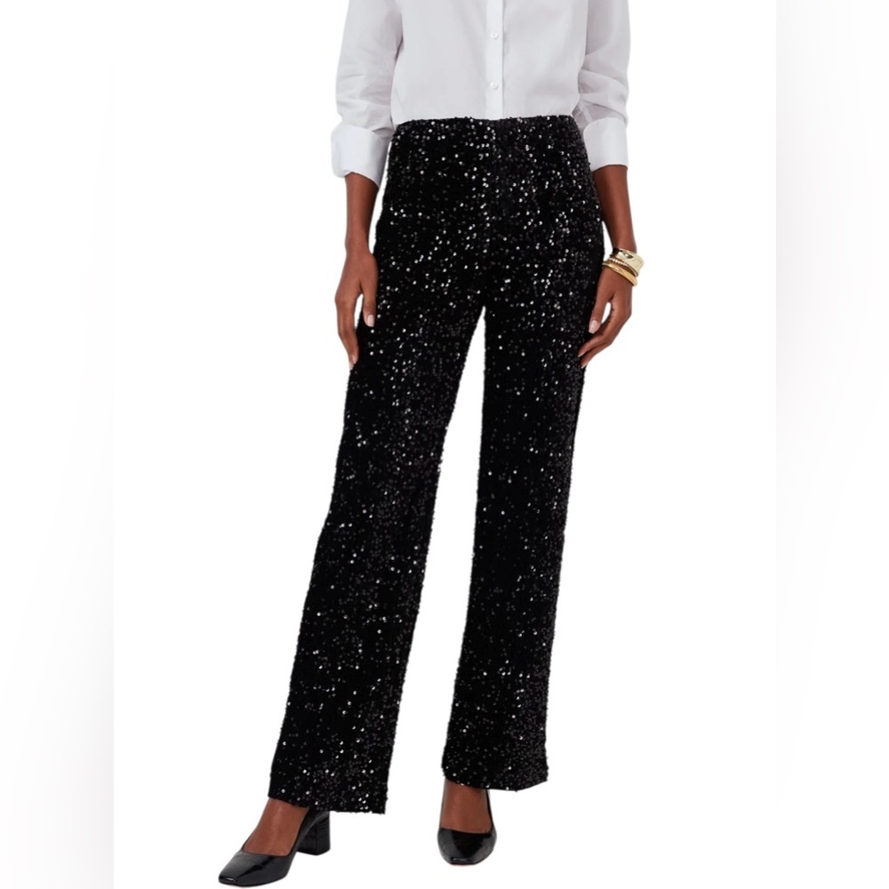 J. McLaughlin Black Carter sequins wide leg Pants flat front side zip size 6